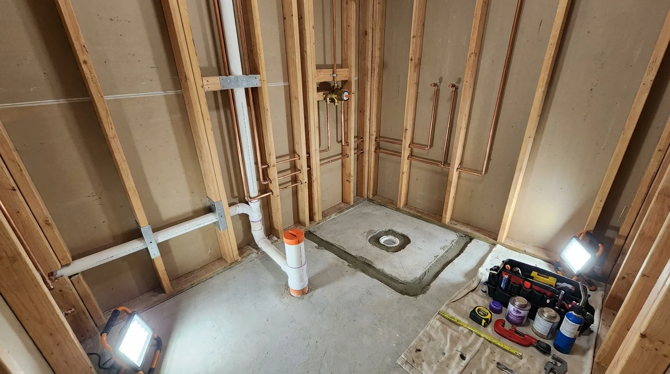 Bathroom rough-in plumbing during remodel by Johns Plumbing LLC in Shelter Island Heights
