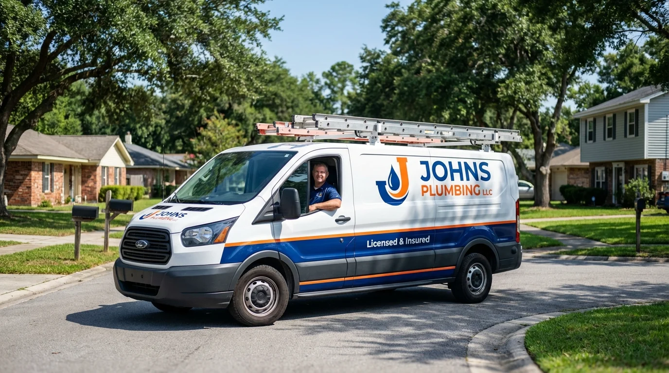 Johns Plumbing LLC service van in Shelter Island Heights, NY