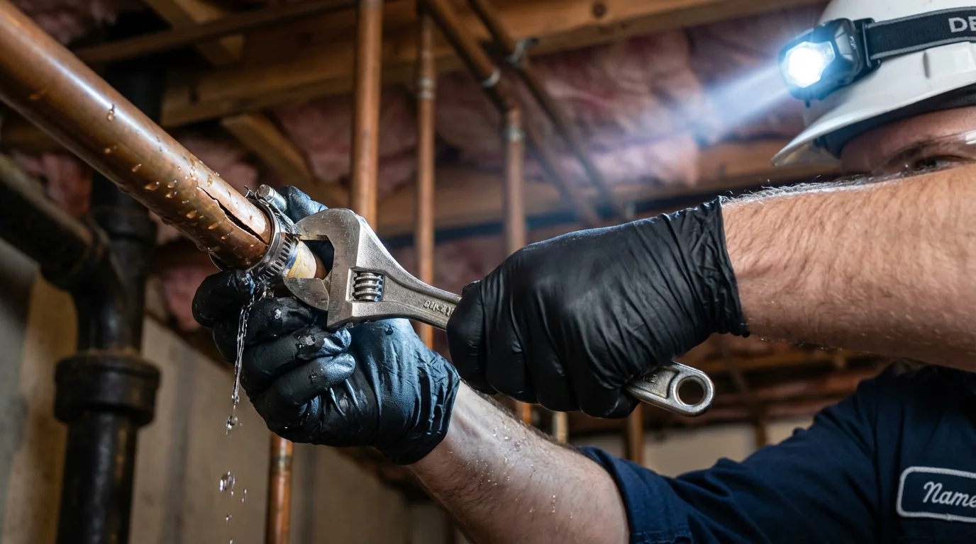 Emergency pipe clamp repair being performed by a Johns Plumbing LLC plumber in Shelter Island Heights