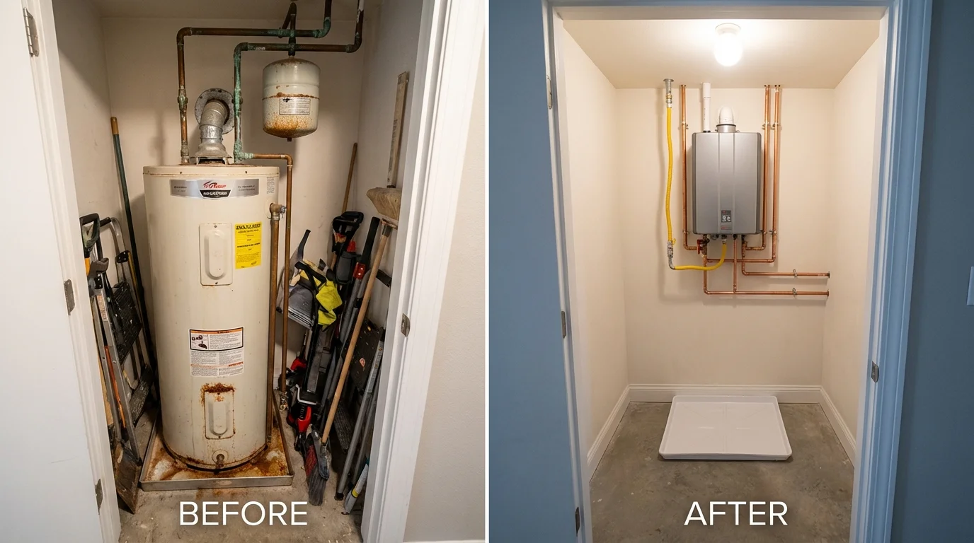 Tank water heater versus wall-mounted tankless unit comparison for Shelter Island Heights, NY homeowners