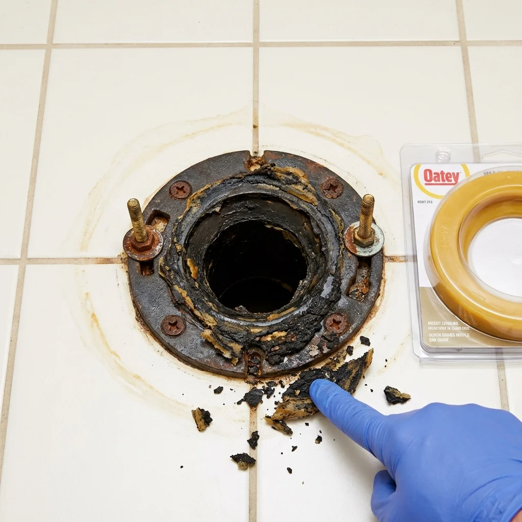 Failed wax ring showing water seepage at the base of a toilet in a Shelter Island Heights, NY home