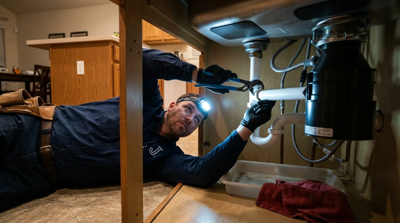 P-trap and supply line connections under a kitchen sink showing a common leak point in Shelter Island Heights, NY